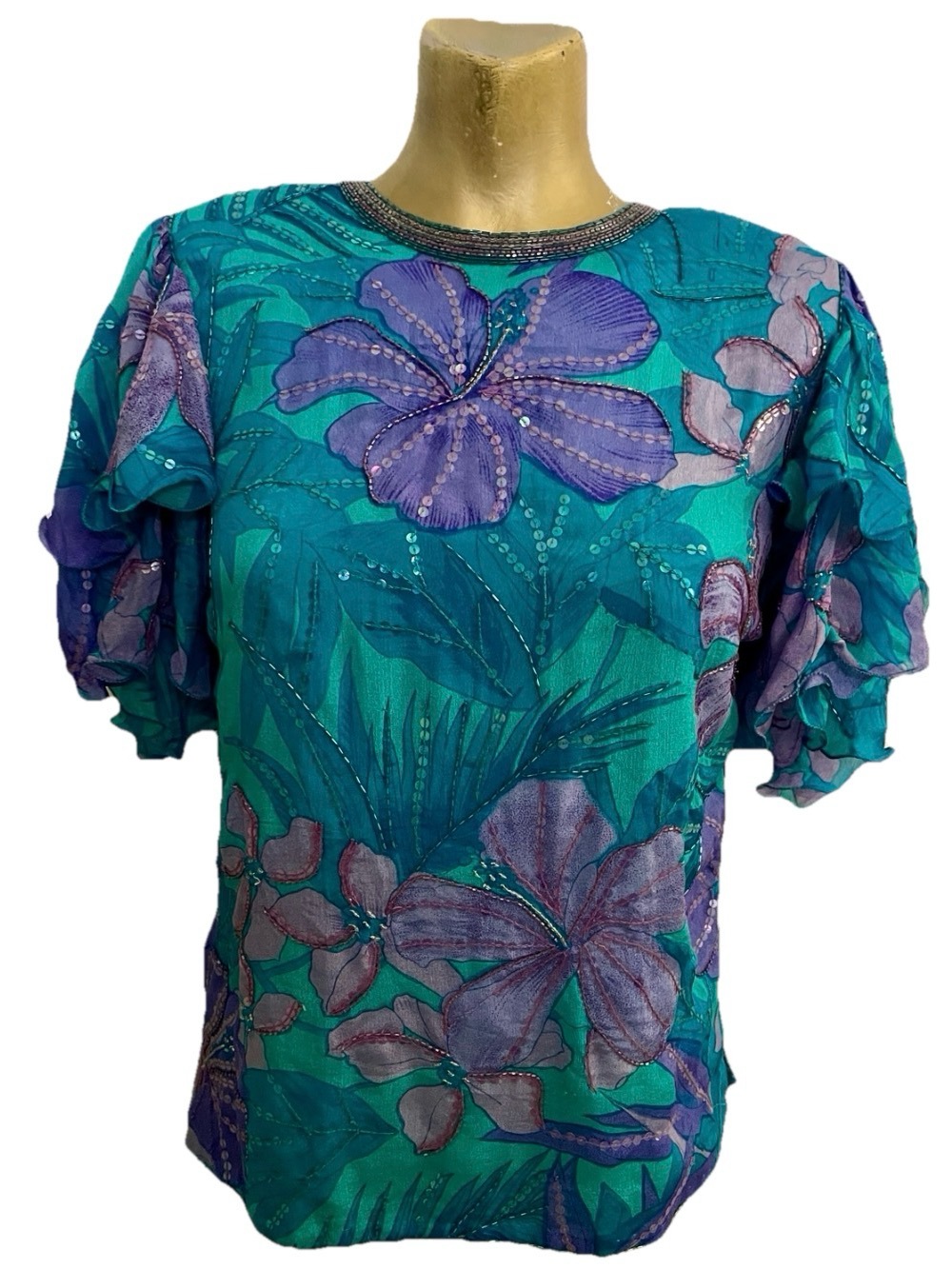 JUDITH ANN CREATIONS Vintage 80’s SILK Beaded TROPICAL Floral BLOUSE Size Small